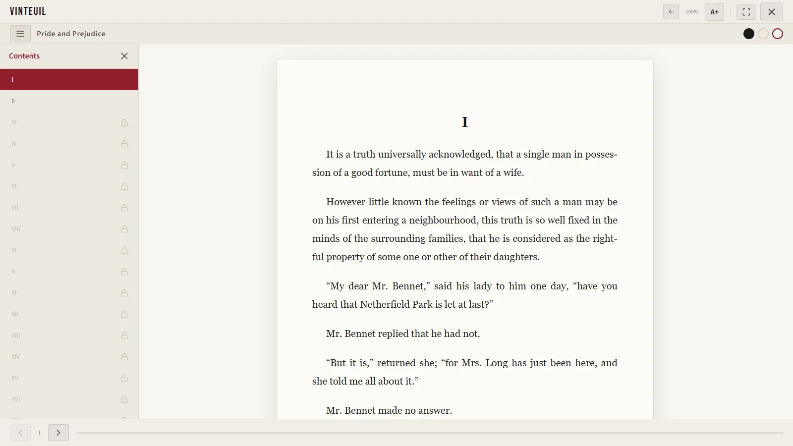 The table of contents of the Vinteuil reader, with the first chapter selected